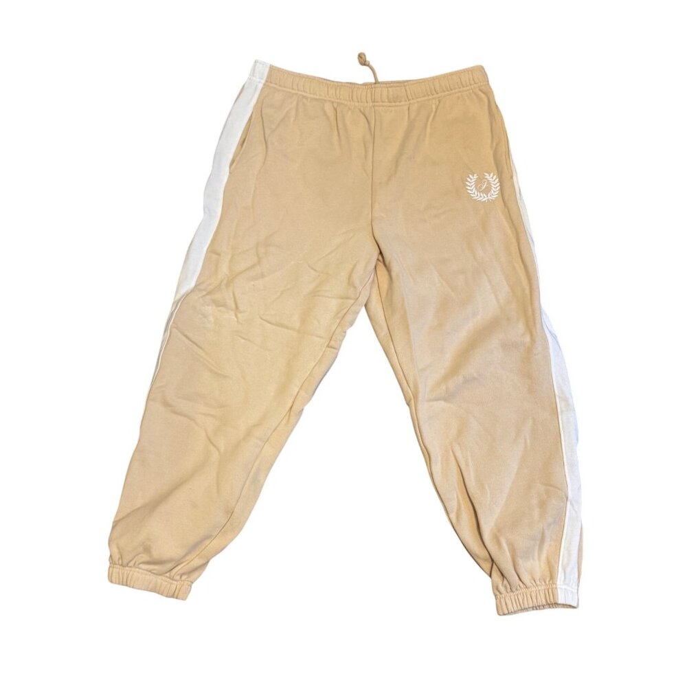 Victorias Secret Pink Womens XL Jogger Sweatpants Beige/White Logo Embroidery